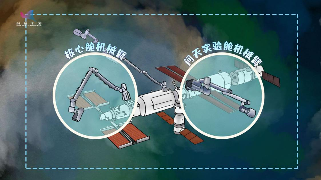 核心舱机械臂与问天实验舱机械臂示意图